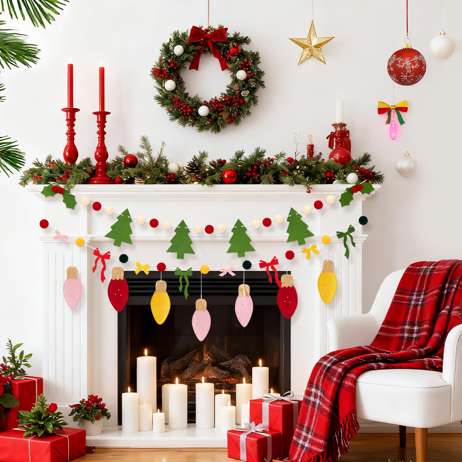 SUNBEAUTY Felt Christmas Garland – Red & Green Pom Poms, Double-Layer Wool Felt Decor Banner
