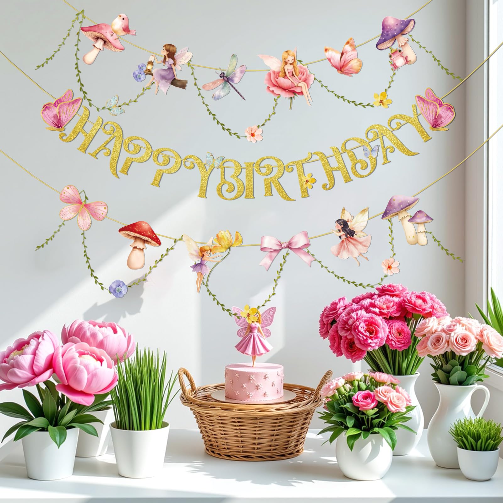 SUNBEAUTY Fairy Birthday Banner – Floral Garden Party Decor for Girls & Baby Showers