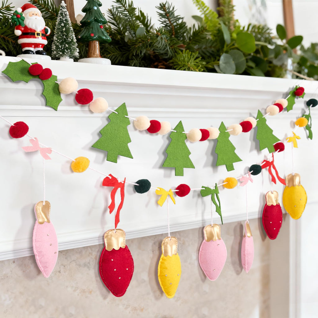 SUNBEAUTY Felt Christmas Garland – Red & Green Pom Poms, Double-Layer Wool Felt Decor Banner