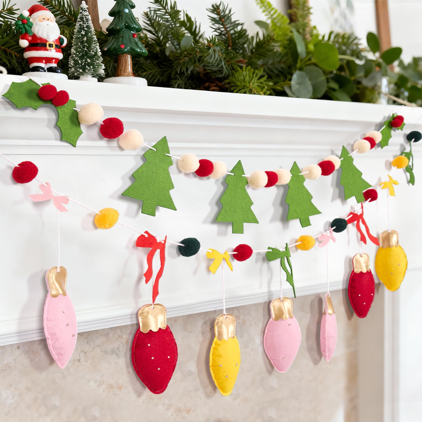 SUNBEAUTY Felt Christmas Garland – Red & Green Pom Poms, Double-Layer Wool Felt Decor Banner