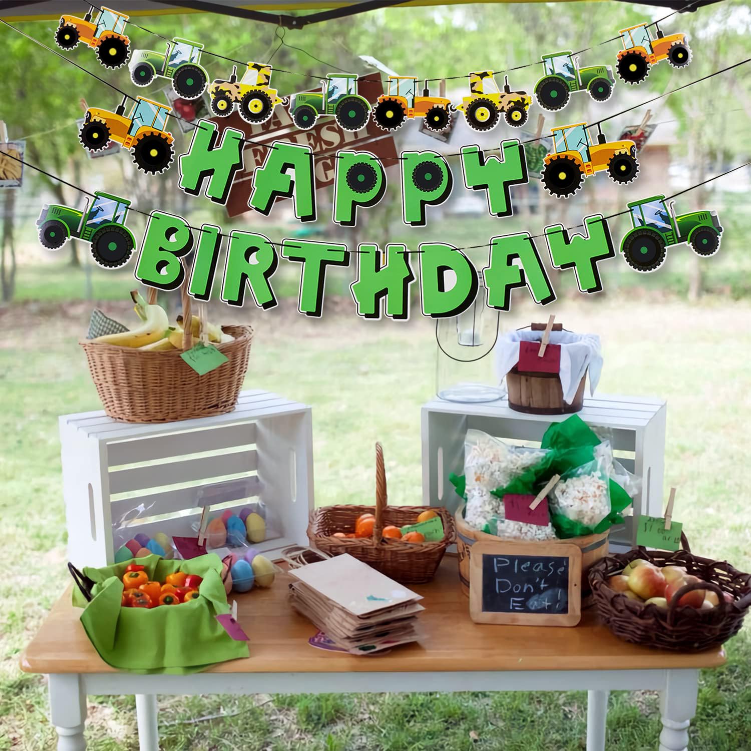 SUNBEAUTY Green Tractor Birthday Banner Set – Farm Party Garland, Pre-Strung