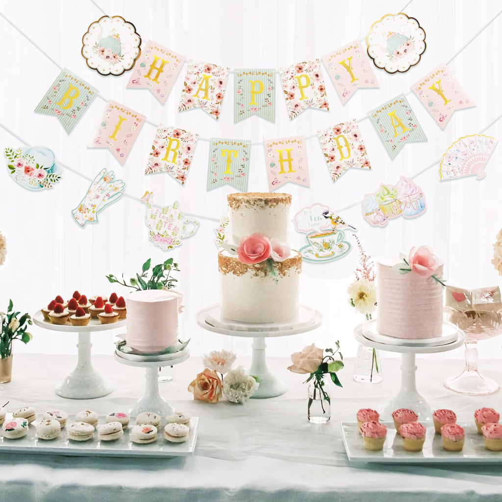 SUNBEAUTY Floral Tea Party Banner | Pre-Strung Happy Birthday Garland for Baby & Bridal Showers
