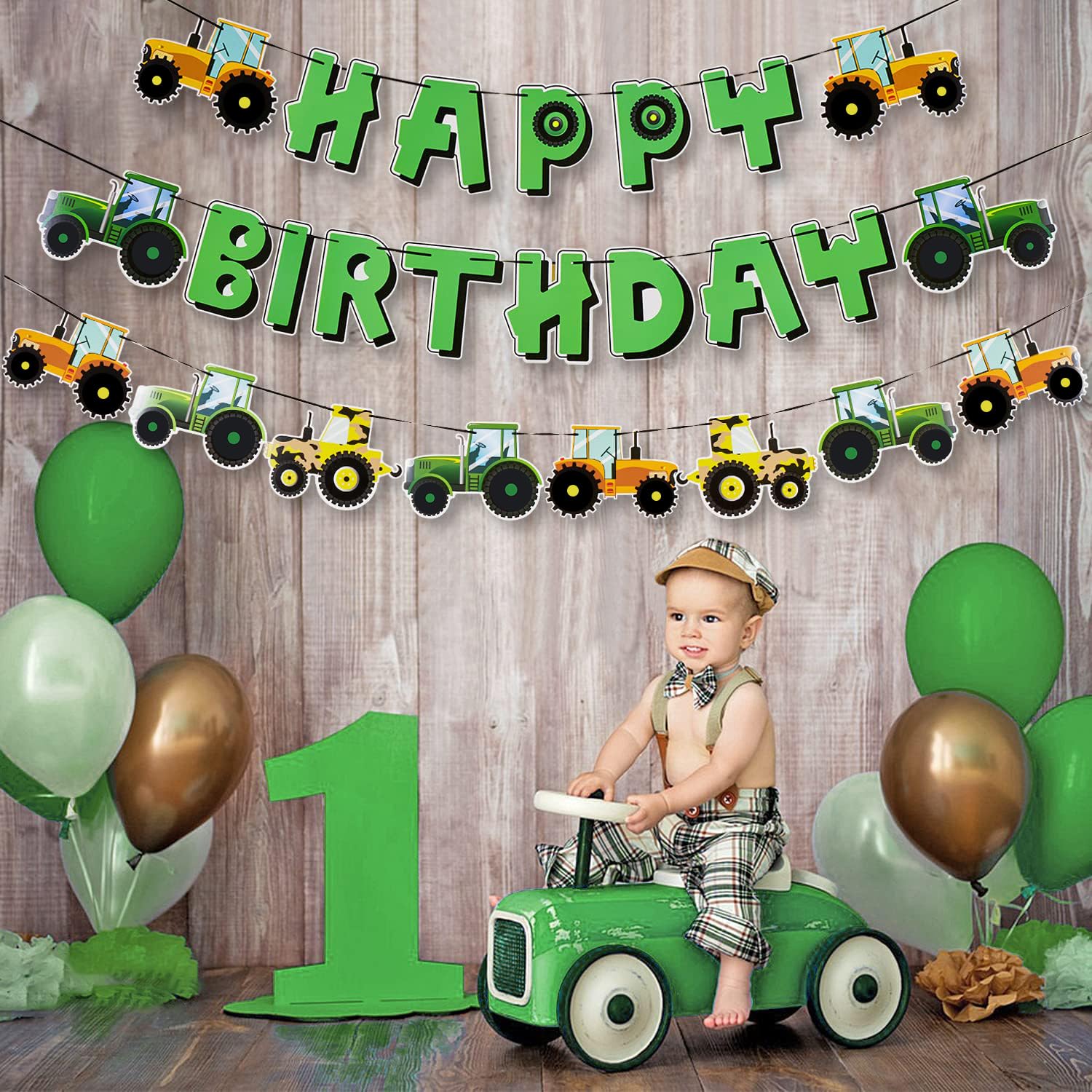 SUNBEAUTY Green Tractor Birthday Banner Set – Farm Party Garland, Pre-Strung