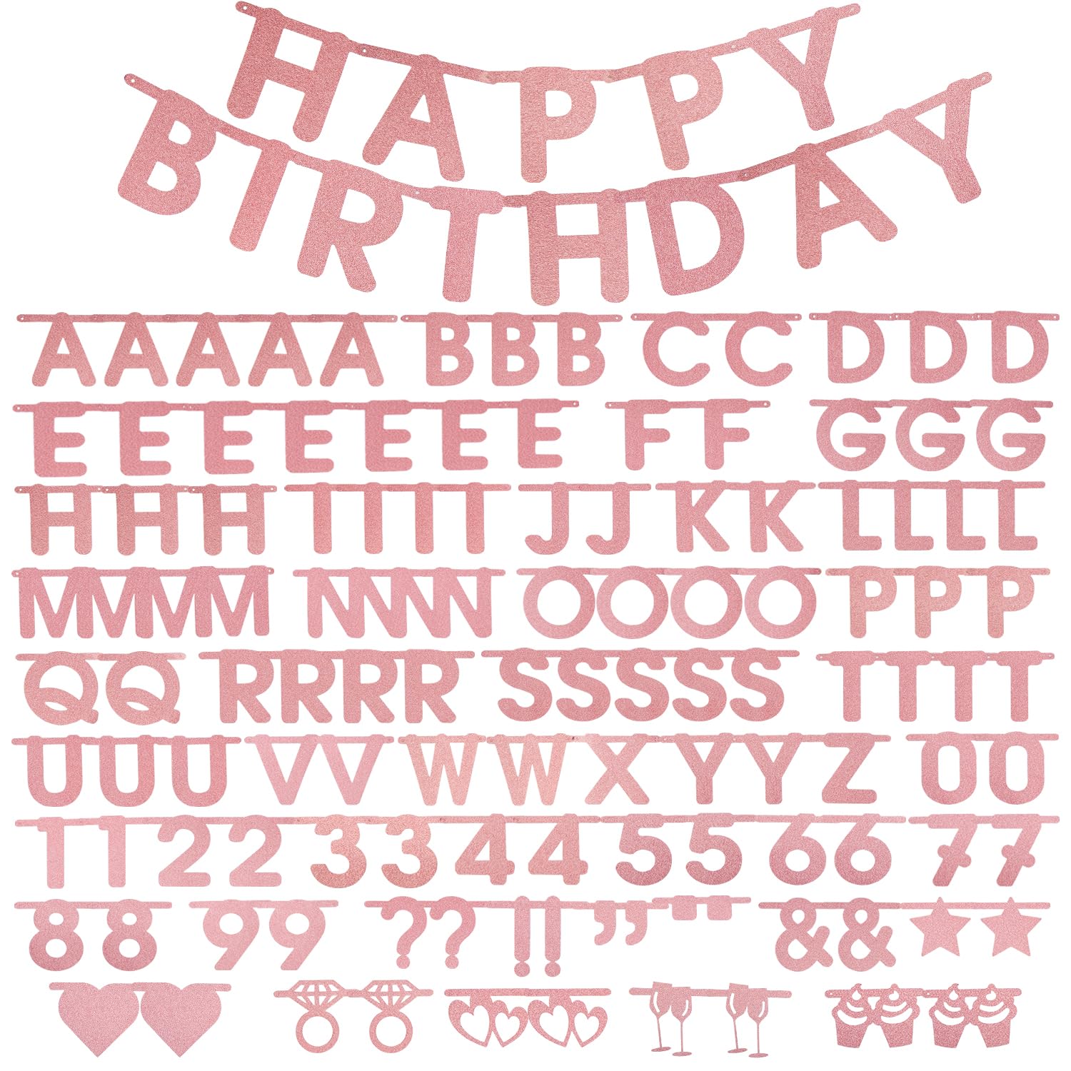 SUNBEAUTY 127 Pcs Rosegold Glitter DIY Banner – Customizable Letters & Symbols for Parties