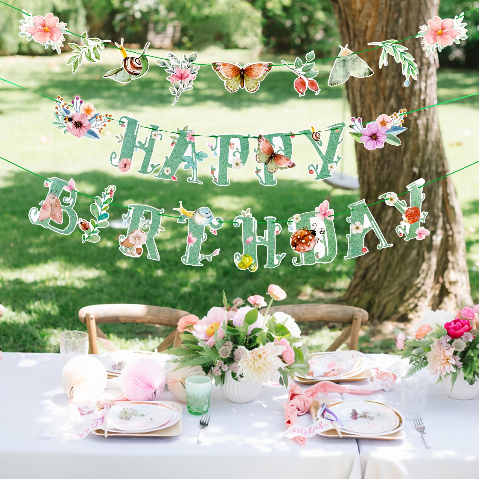 SUNBEAUTY Wildflower Happy Birthday Banner – Sage Green Floral Decor for Spring & Summer Parties | Pre-Strung