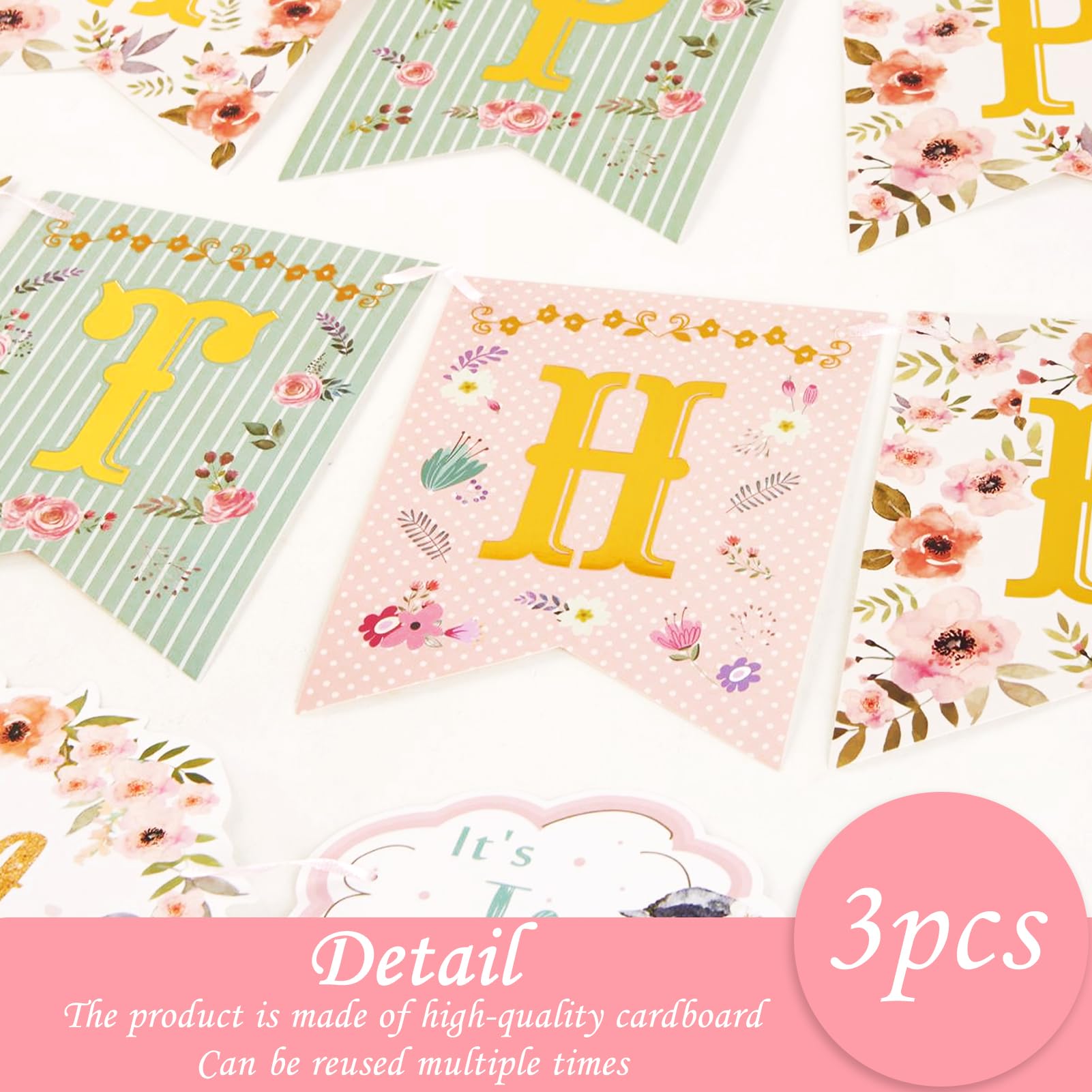 SUNBEAUTY Floral Tea Party Banner | Pre-Strung Happy Birthday Garland for Baby & Bridal Showers