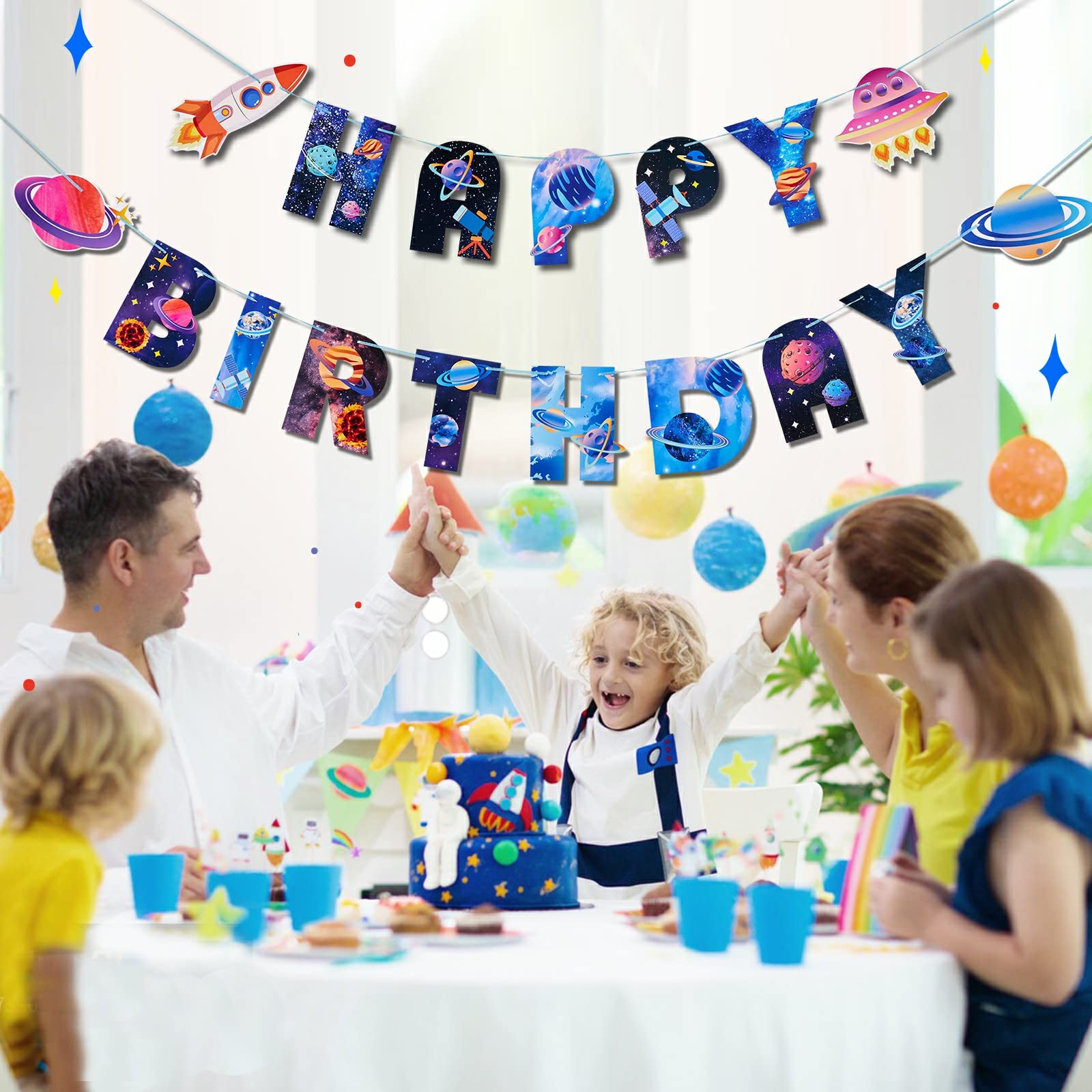 SUNBEAUTY Universe Outer Space Birthday Banner – Galaxy Happy Birthday Decor, Pre-Strung