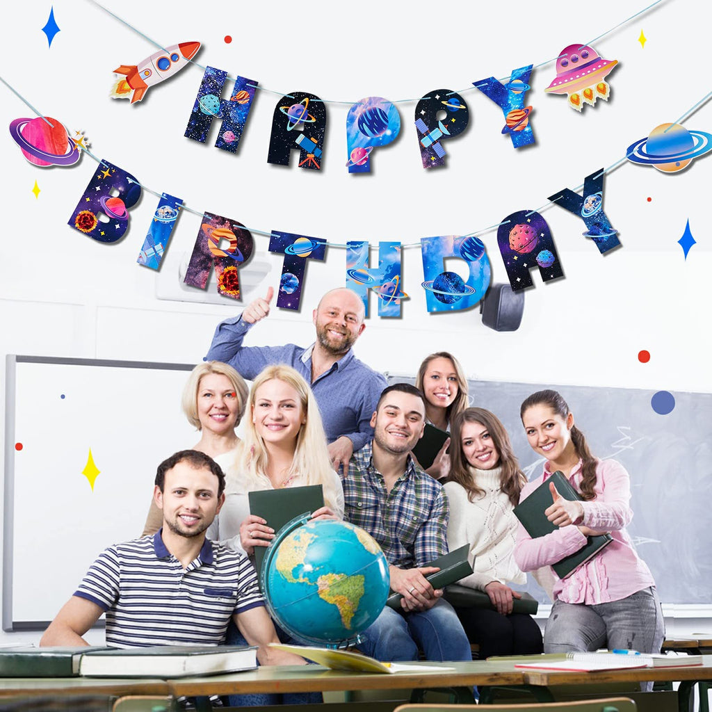 SUNBEAUTY Universe Outer Space Birthday Banner – Galaxy Happy Birthday Decor, Pre-Strung