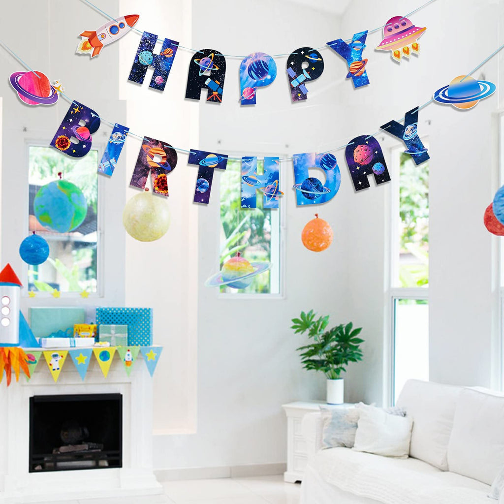 SUNBEAUTY Universe Outer Space Birthday Banner – Galaxy Happy Birthday Decor, Pre-Strung