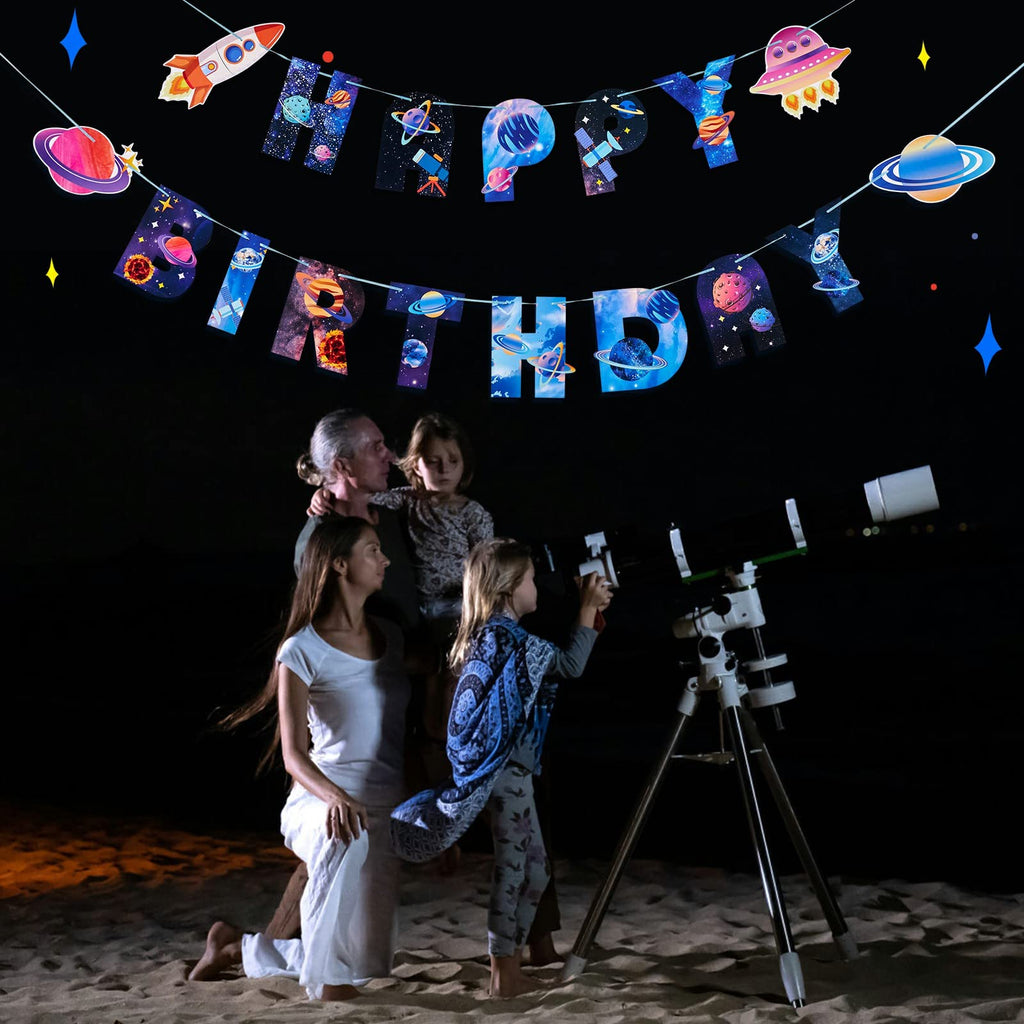 SUNBEAUTY Universe Outer Space Birthday Banner – Galaxy Happy Birthday Decor, Pre-Strung
