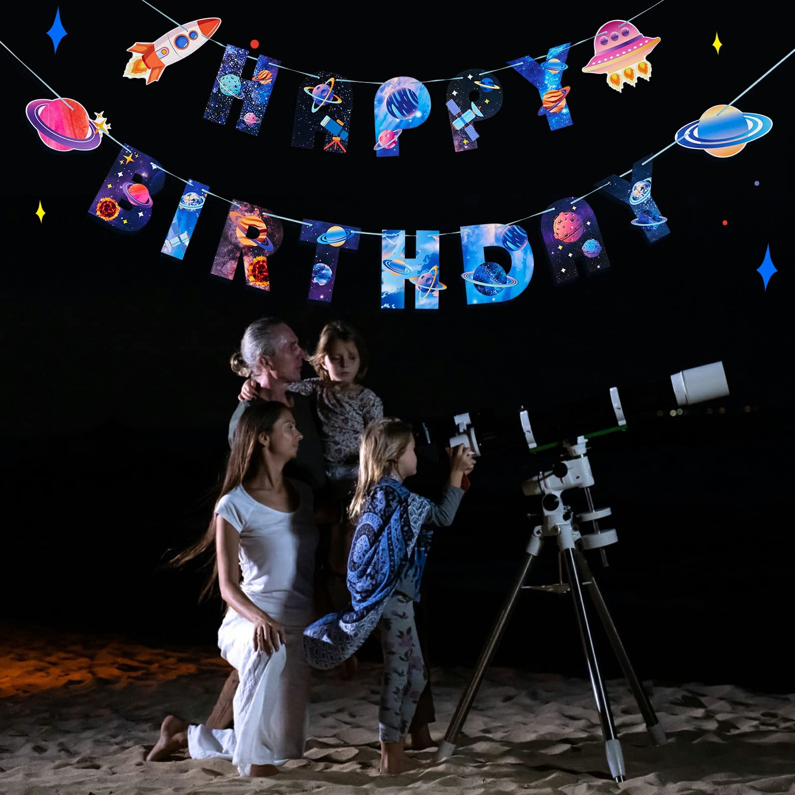 SUNBEAUTY Universe Outer Space Birthday Banner – Galaxy Happy Birthday Decor, Pre-Strung