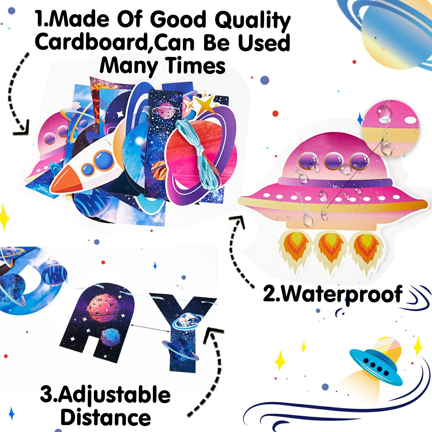 SUNBEAUTY Universe Outer Space Birthday Banner – Galaxy Happy Birthday Decor, Pre-Strung