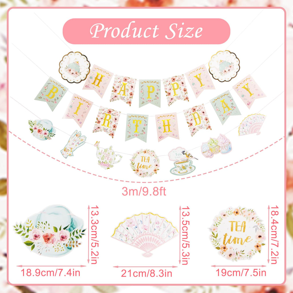 SUNBEAUTY Floral Tea Party Banner | Pre-Strung Happy Birthday Garland for Baby & Bridal Showers
