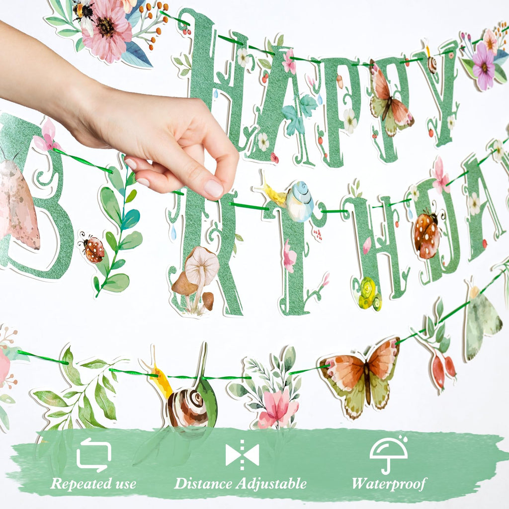 SUNBEAUTY Wildflower Happy Birthday Banner – Sage Green Floral Decor for Spring & Summer Parties | Pre-Strung