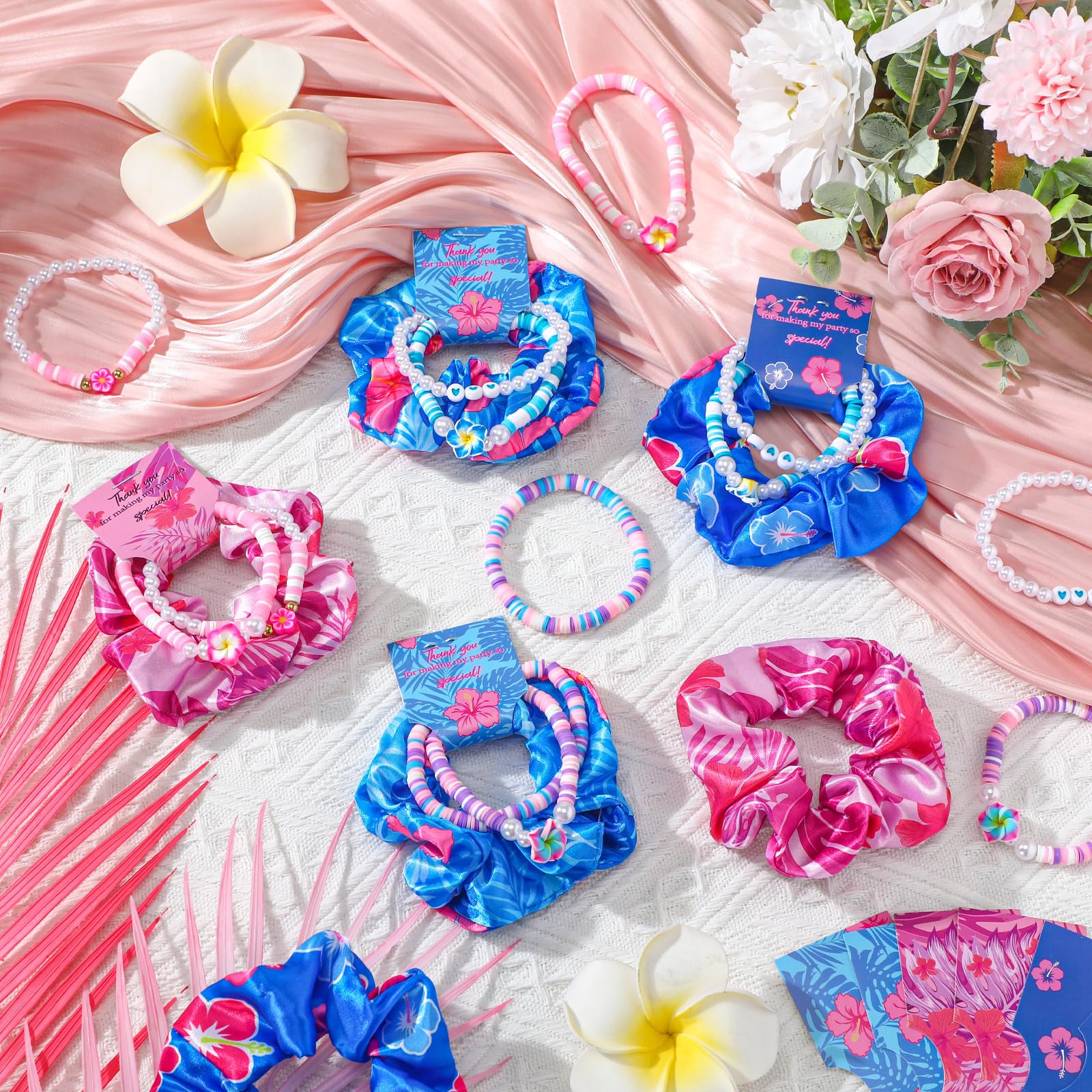 Suncalla 15-Piece Hawaiian Bohemia Hair Ties & Frangipani Bracelets – Pink & Blue Party Favors