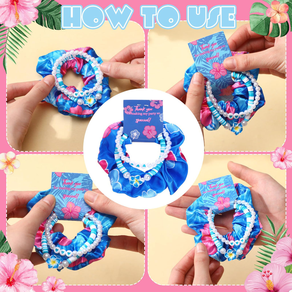 Suncalla 15-Piece Hawaiian Bohemia Hair Ties & Frangipani Bracelets – Pink & Blue Party Favors
