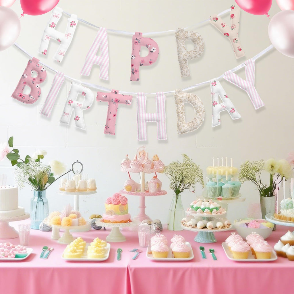 Suncalla Pre-strung Happy Birthday Banner – Reusable Felt Garland, 78.74" Long, Floral Pastel