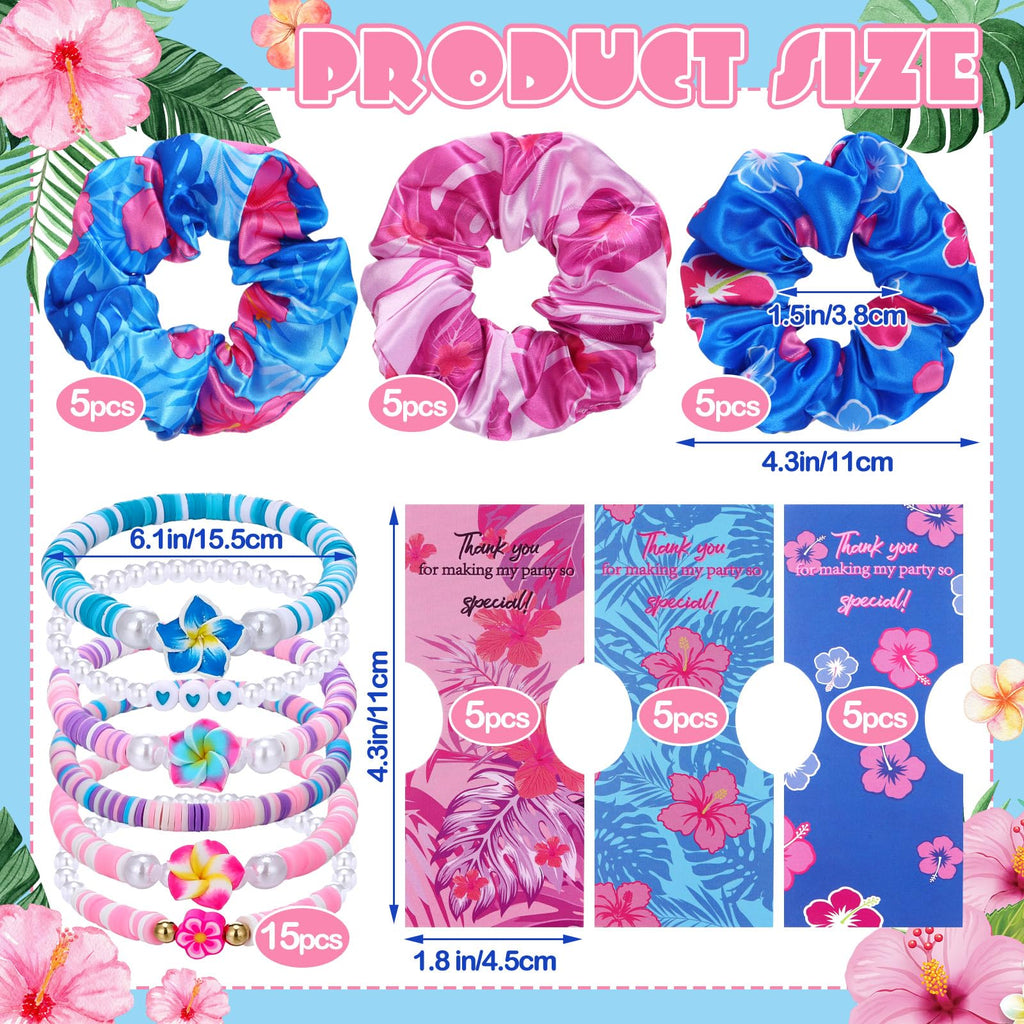 Suncalla 15-Piece Hawaiian Bohemia Hair Ties & Frangipani Bracelets – Pink & Blue Party Favors