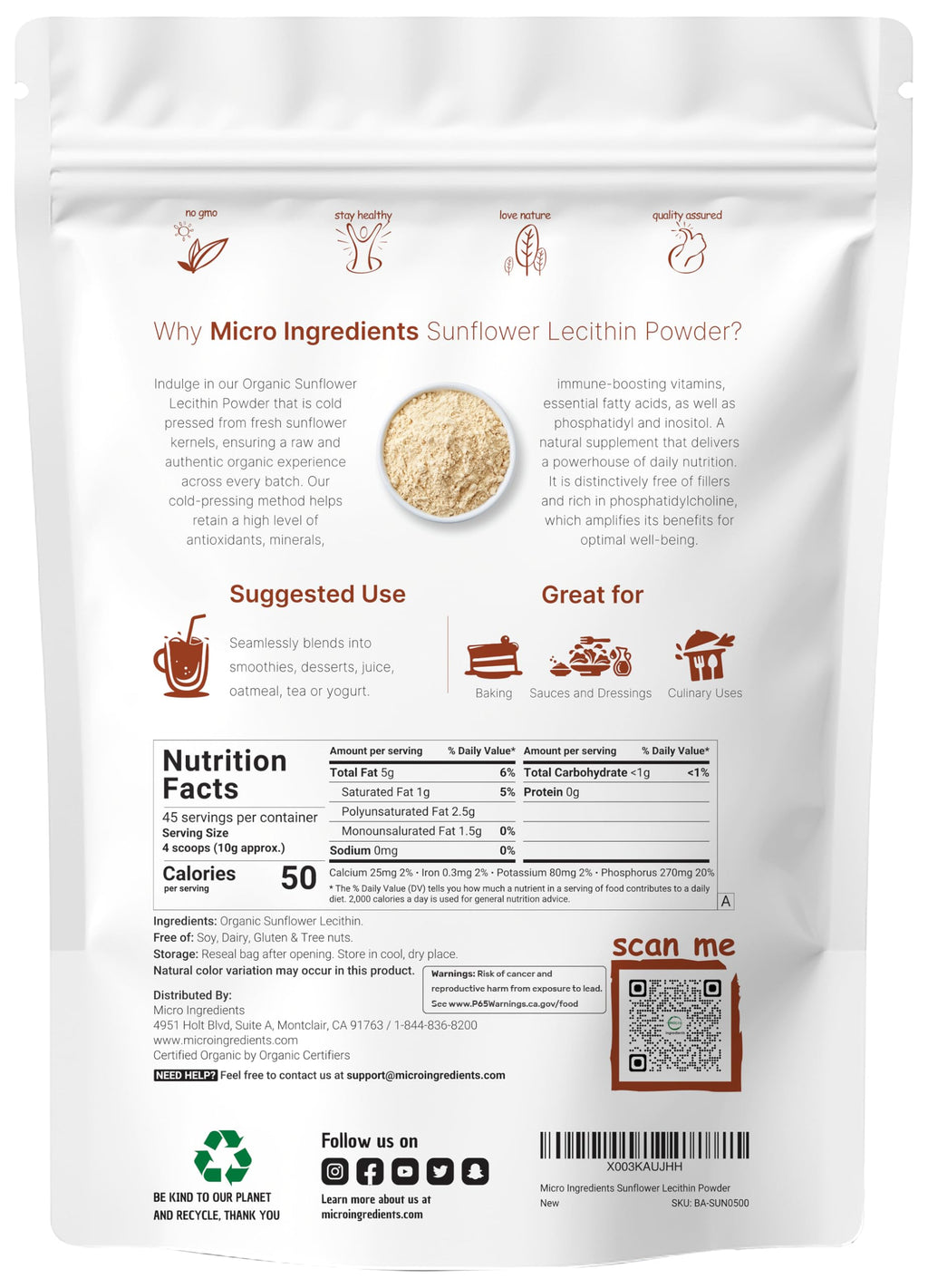 Bio Sonnenblumenlecithin Pulver – 454g, kaltgepresst & gentechnikfrei