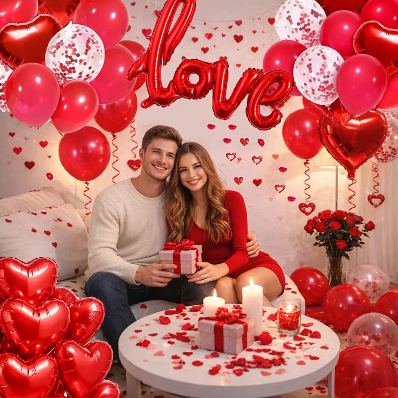 SUNPROUND 128Pcs Valentines Day Decorations Kit – Red Balloons, Rose Petals & Heart Hanging Decor