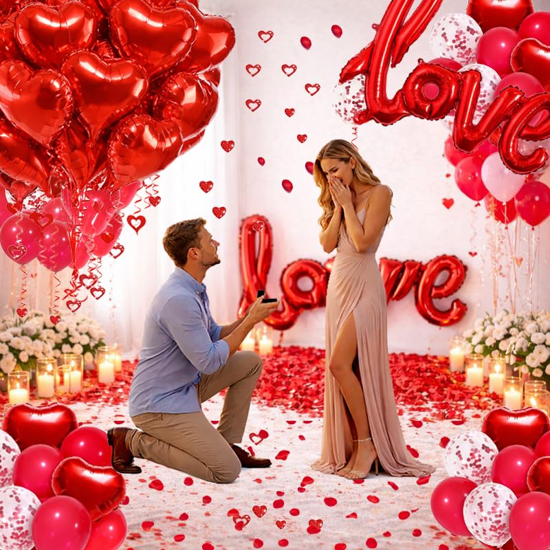 SUNPROUND 128Pcs Valentines Day Decorations Kit – Red Balloons, Rose Petals & Heart Hanging Decor