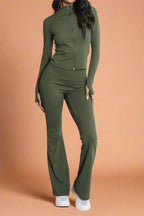 Super Active Zip Top and Push Up Flared Trousers Ruched Bum Gym Set