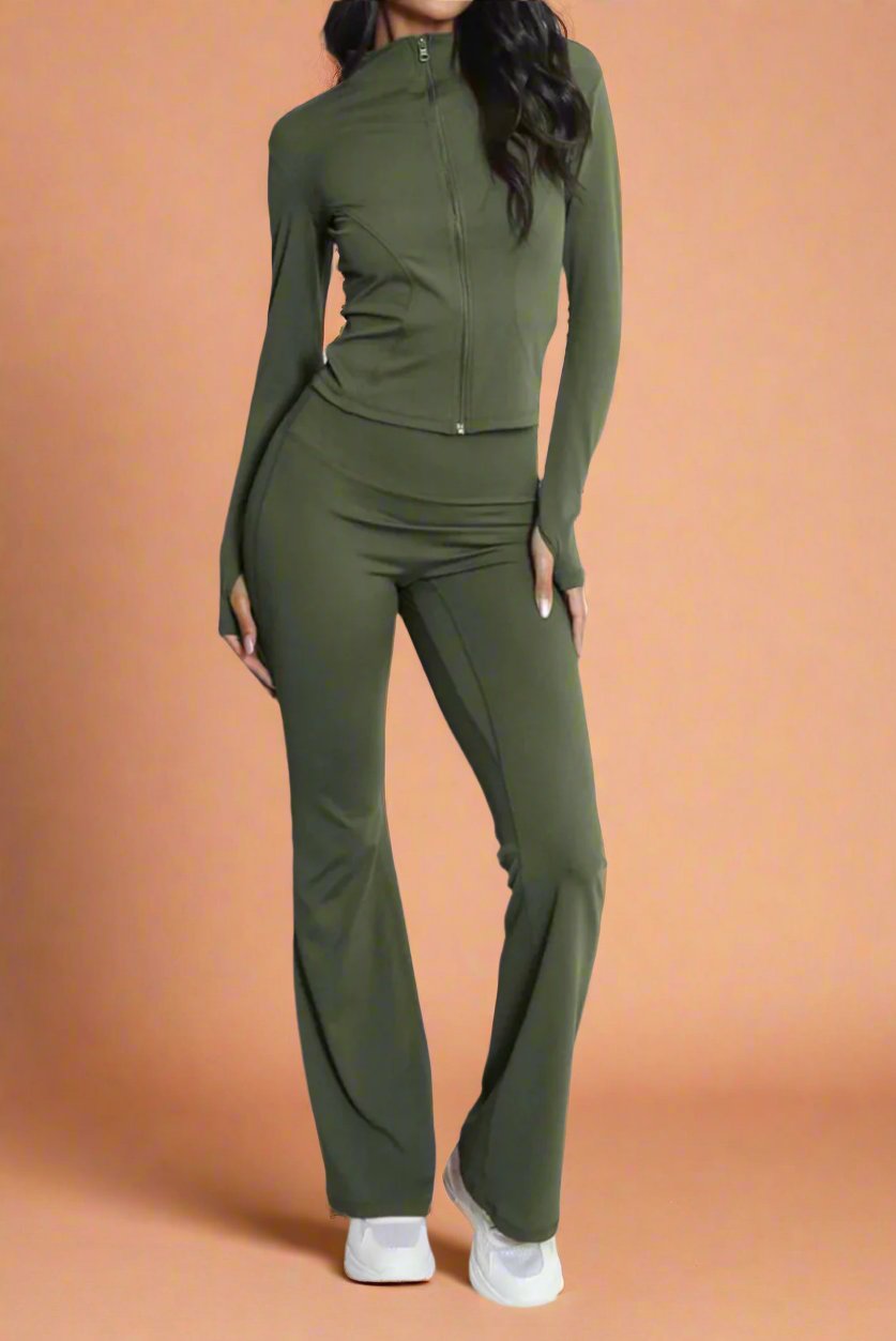 Super Active Zip Top and Push Up Flared Trousers Ruched Bum Gym Set