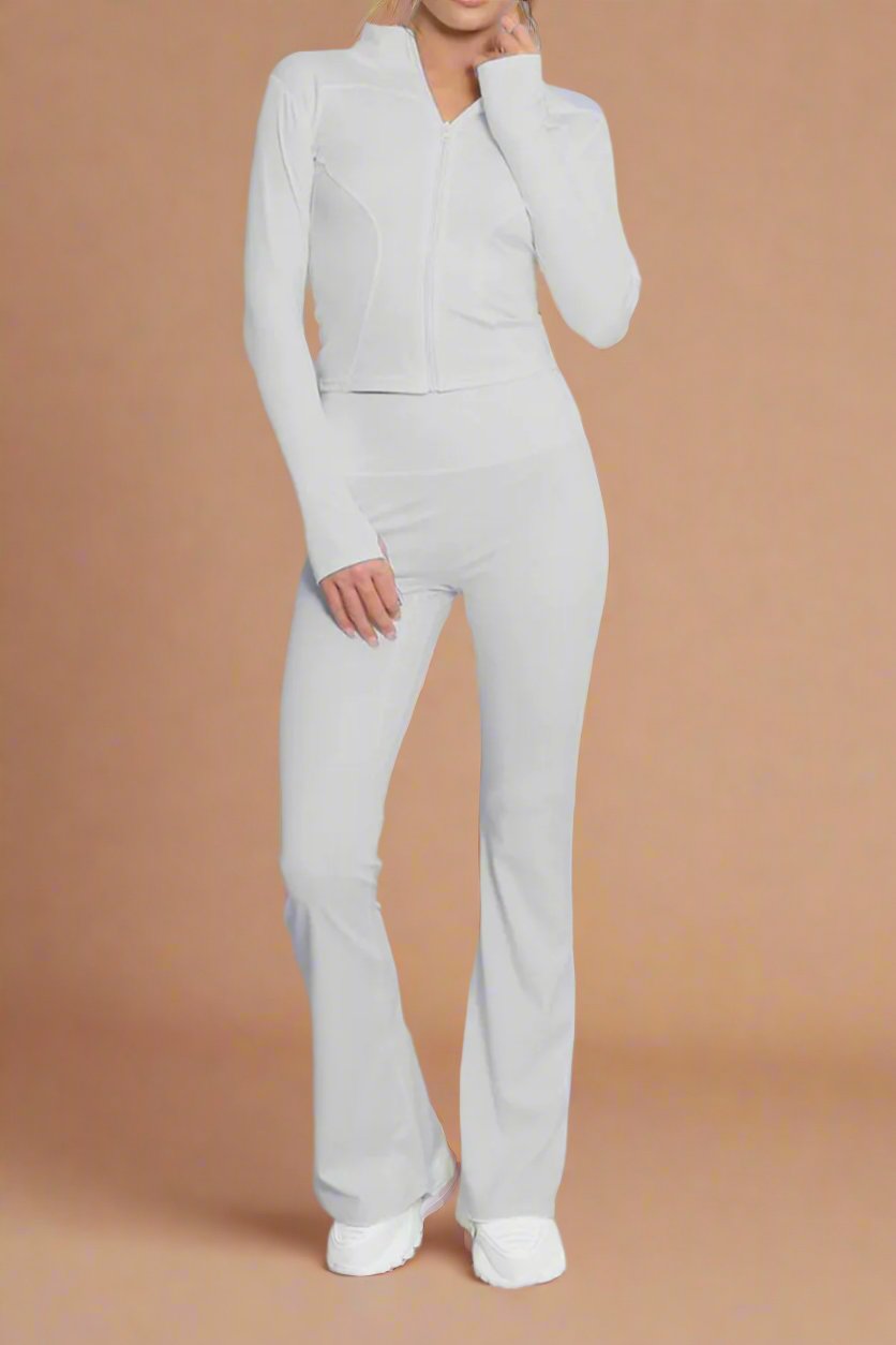 Super Active Zip Top and Push Up Flared Trousers Ruched Bum Gym Set