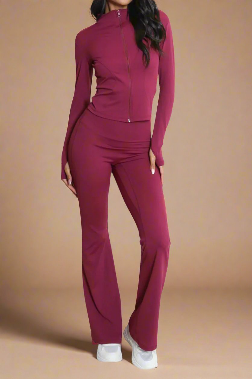 Super Active Zip Top and Push Up Flared Trousers Ruched Bum Gym Set