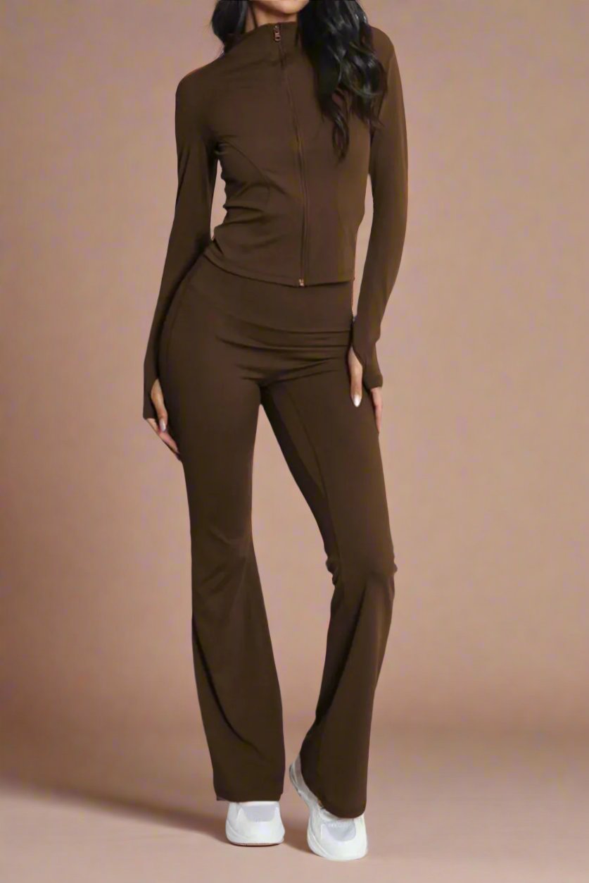 Super Active Zip Top and Push Up Flared Trousers Ruched Bum Gym Set