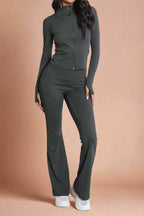 Super Active Zip Top and Push Up Flared Trousers Ruched Bum Gym Set