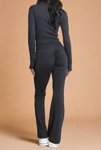 Super Active Zip Top and Push Up Flared Trousers Ruched Bum Gym Set