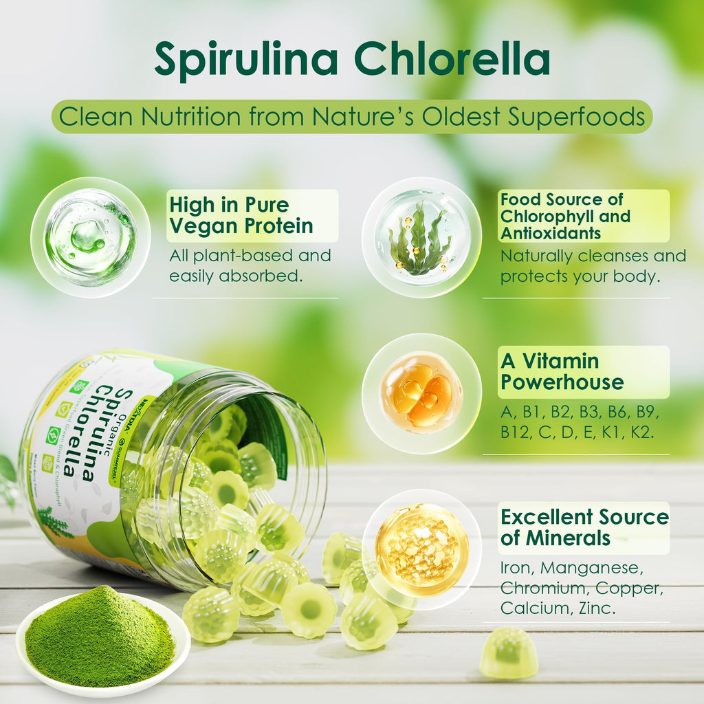 Bio Spirulina & Chlorella Fruchtgummis – Veganes Protein, Super Greens, Vitamin C & D3, Zink & B12 | Zuckerfrei, 60 Stück