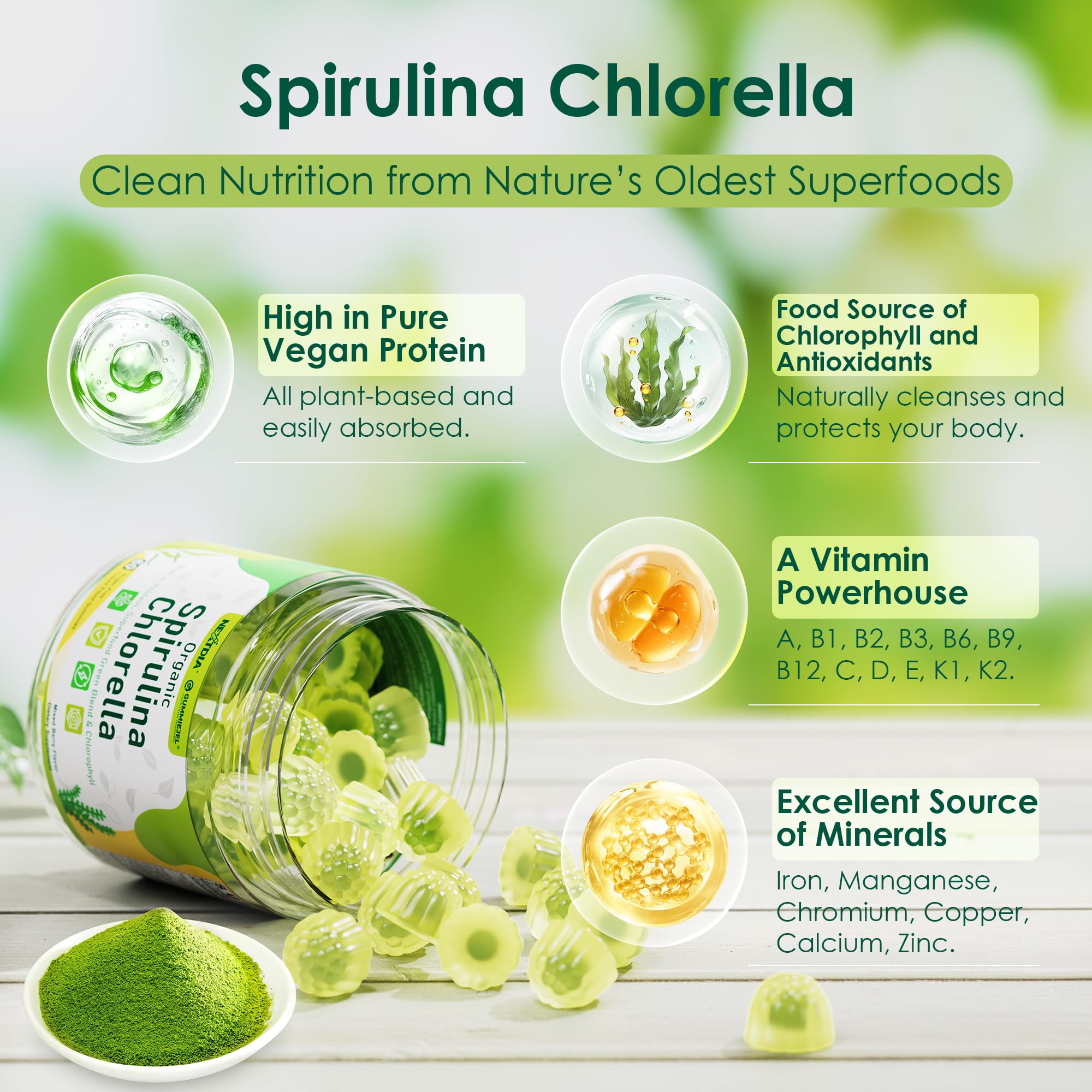 Bio Spirulina & Chlorella Fruchtgummis – Veganes Protein, Super Greens, Vitamin C & D3, Zink & B12 | Zuckerfrei, 60 Stück