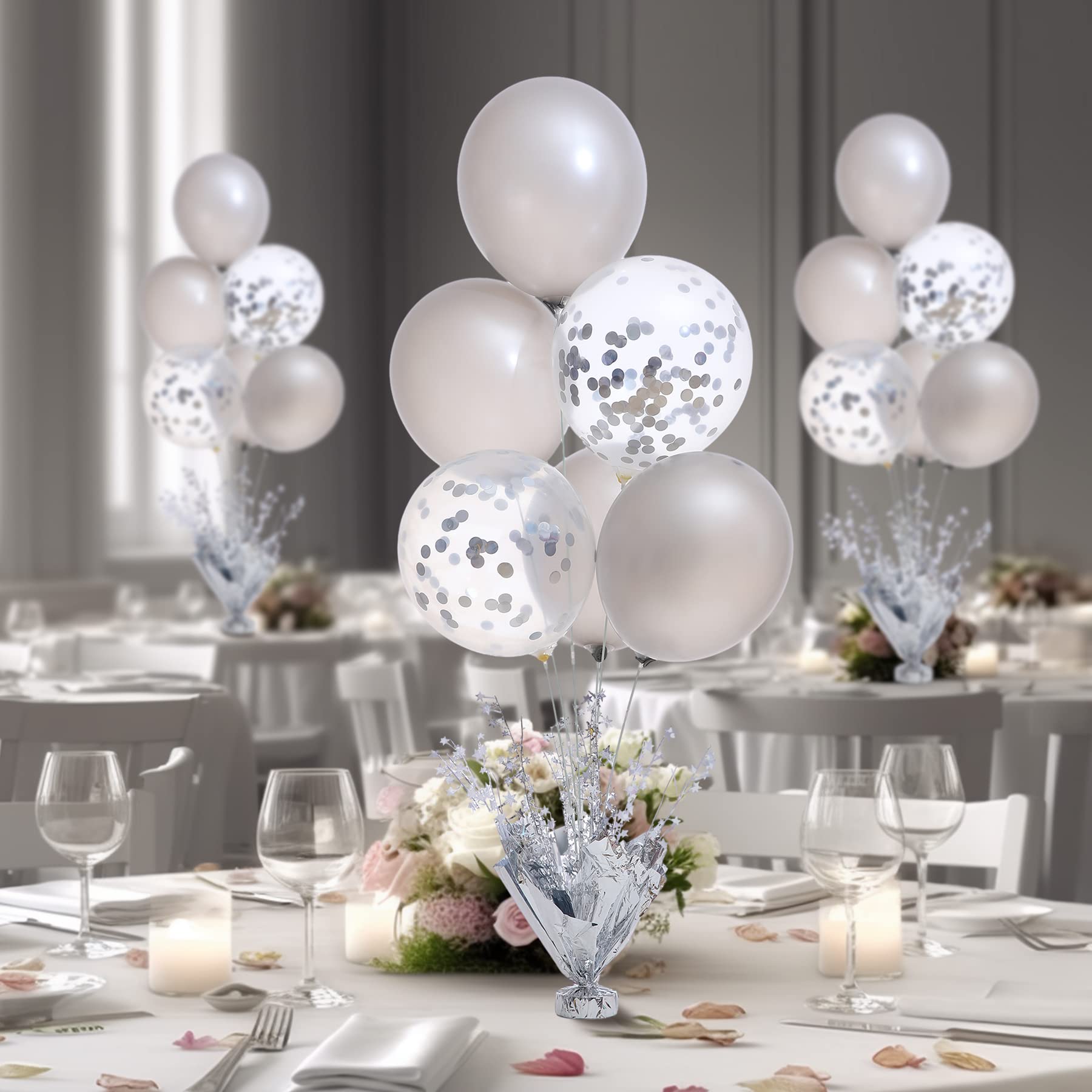 Suppromo 6-Set Silver Table Balloon Stand Kit with Silver & Confetti Balloons