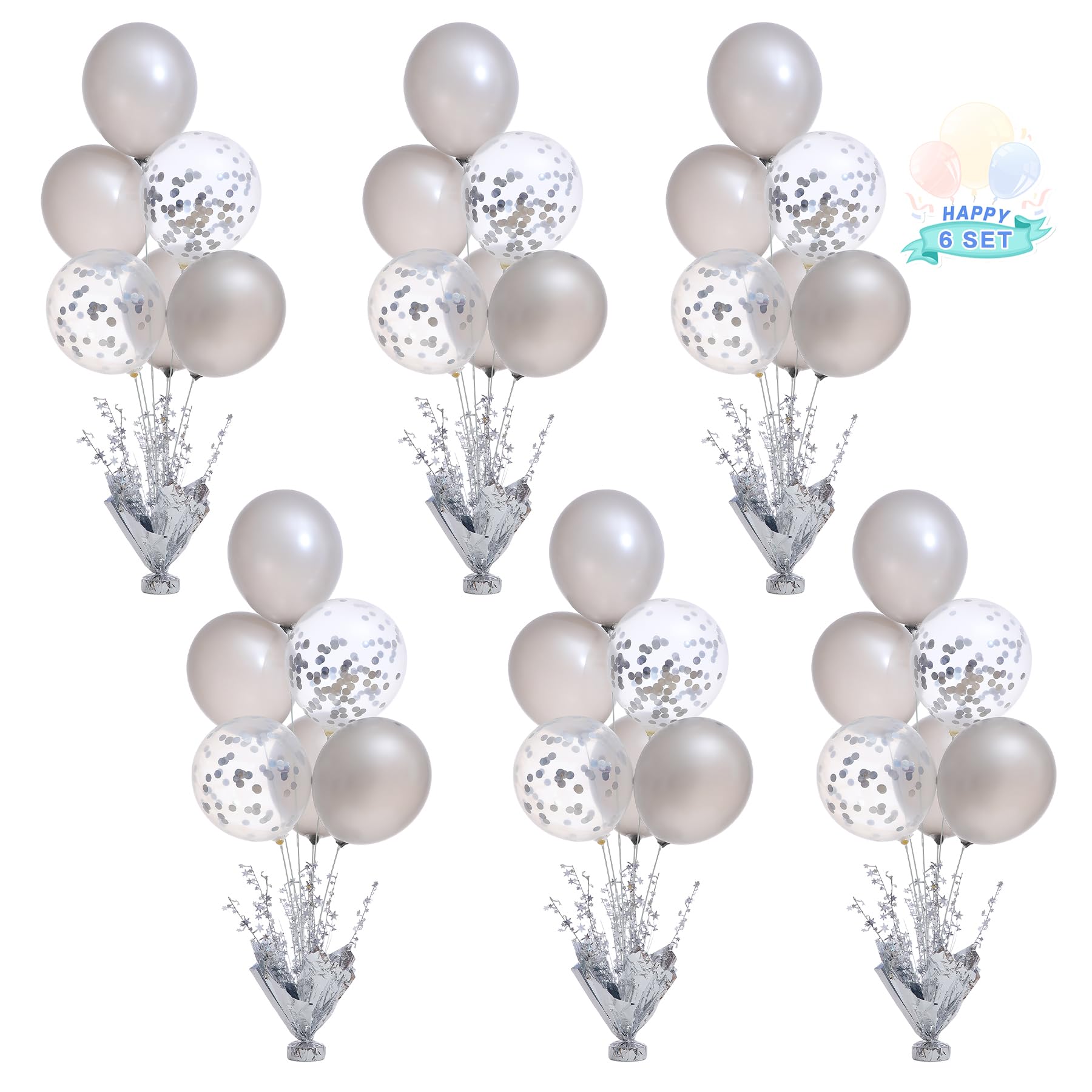 Suppromo 6-Set Silver Table Balloon Stand Kit with Silver & Confetti Balloons