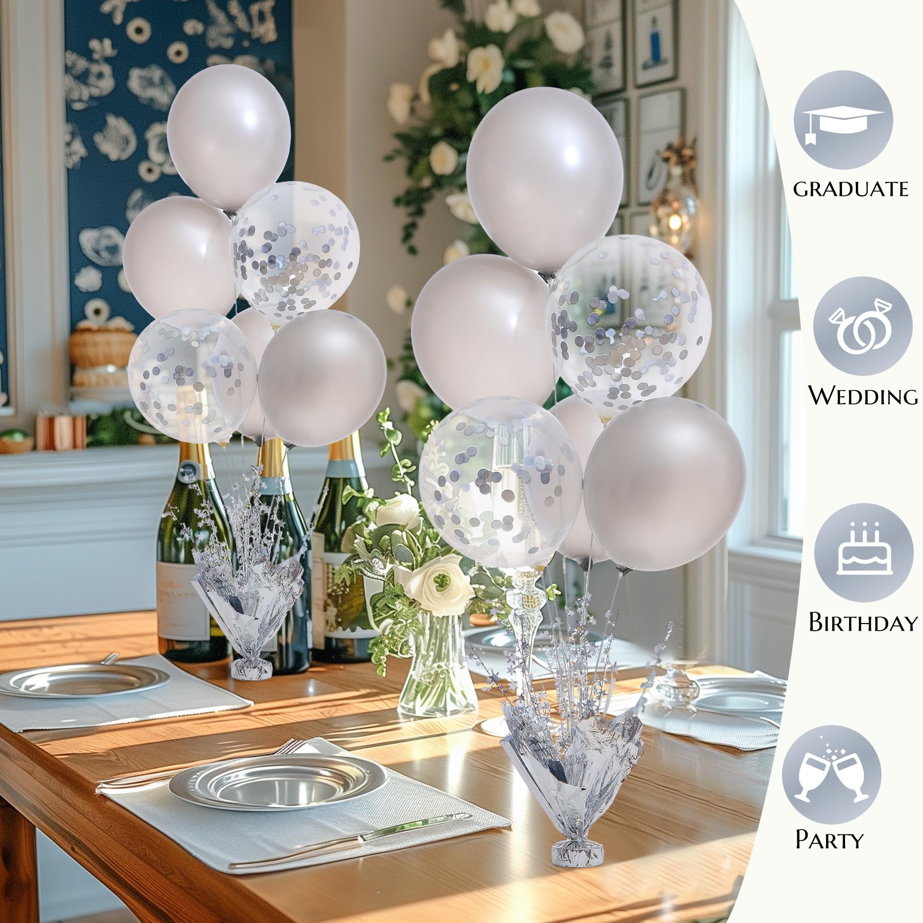 Suppromo 6-Set Silver Table Balloon Stand Kit with Silver & Confetti Balloons