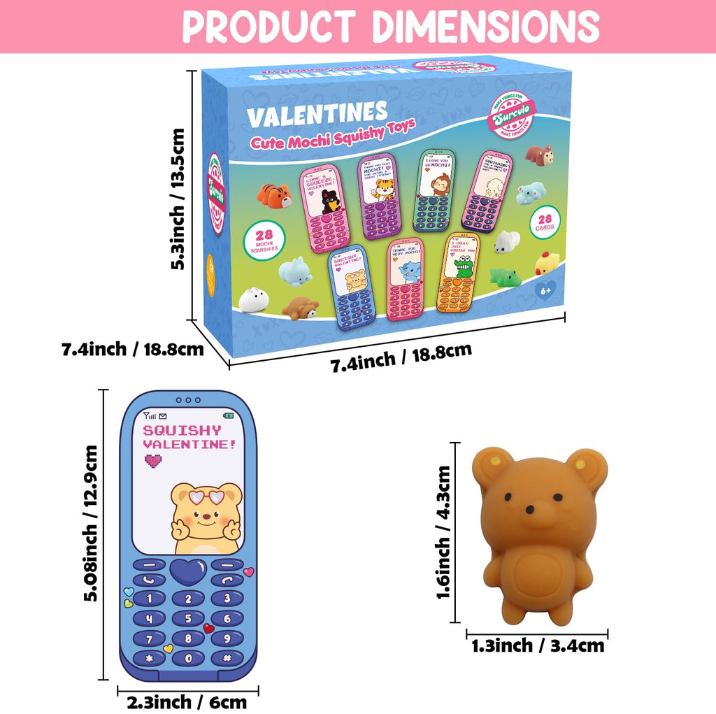 SURCVIO 28-Pack Valentines Day Animal Mochi Squishies with Greeting Cards | Classroom Gifts & Party Favors