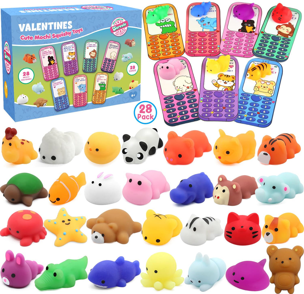 SURCVIO 28-Pack Valentines Day Animal Mochi Squishies with Greeting Cards | Classroom Gifts & Party Favors
