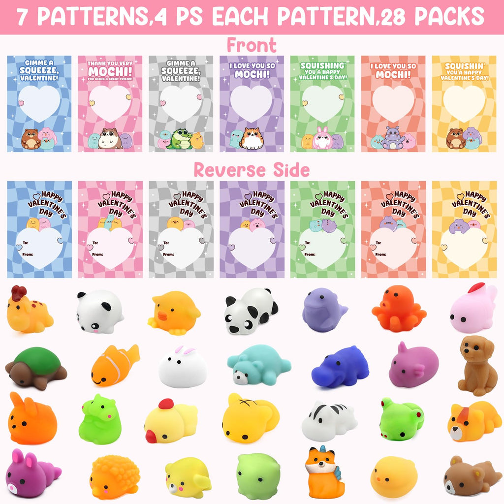 SURCVIO 28-Pack Valentines Day Animal Mochi Squishies with Cards – Classroom Gifts & Party Favors