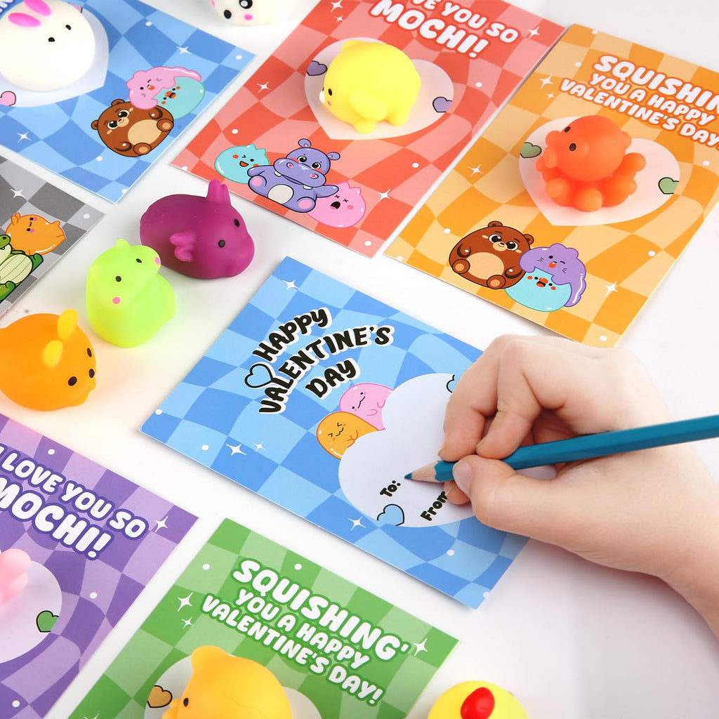 SURCVIO 28-Pack Valentines Day Animal Mochi Squishies with Cards – Classroom Gifts & Party Favors