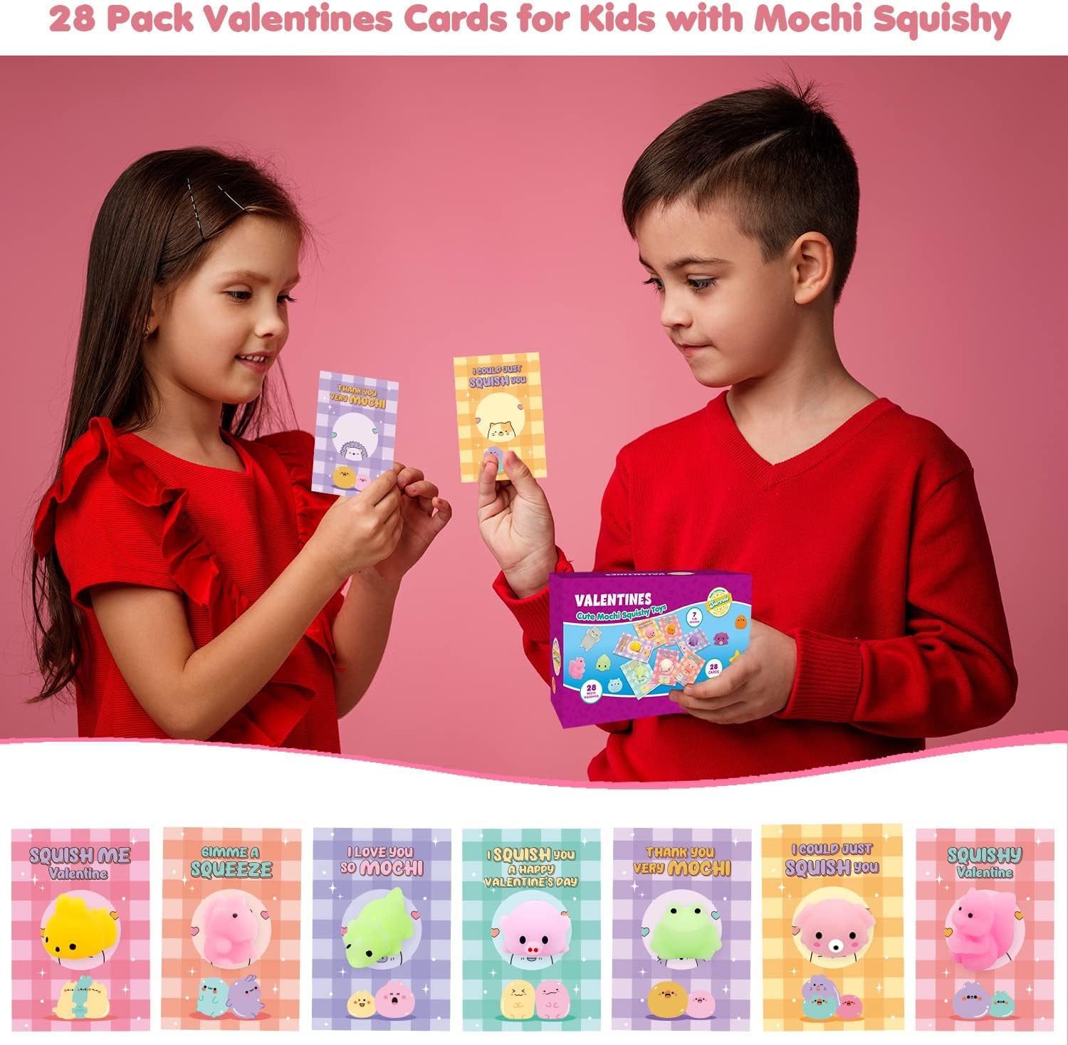 SURCVIO 28-Pack Valentines Day Gift Cards with Animal Mochi Squishy Toys | Classroom Prizes & Party Favors