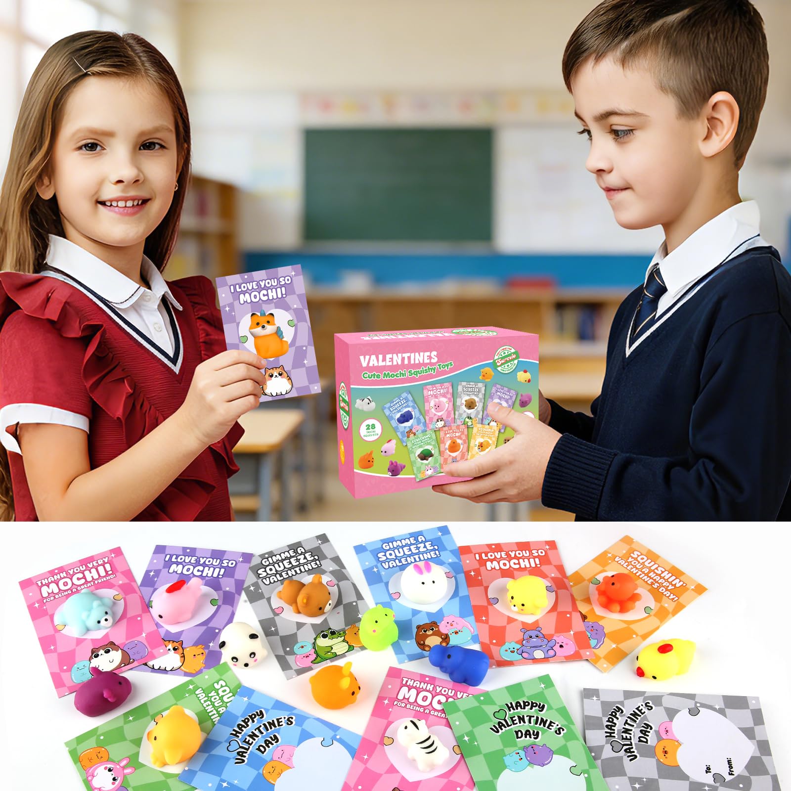 SURCVIO 28-Pack Valentines Day Animal Mochi Squishies with Cards – Classroom Gifts & Party Favors