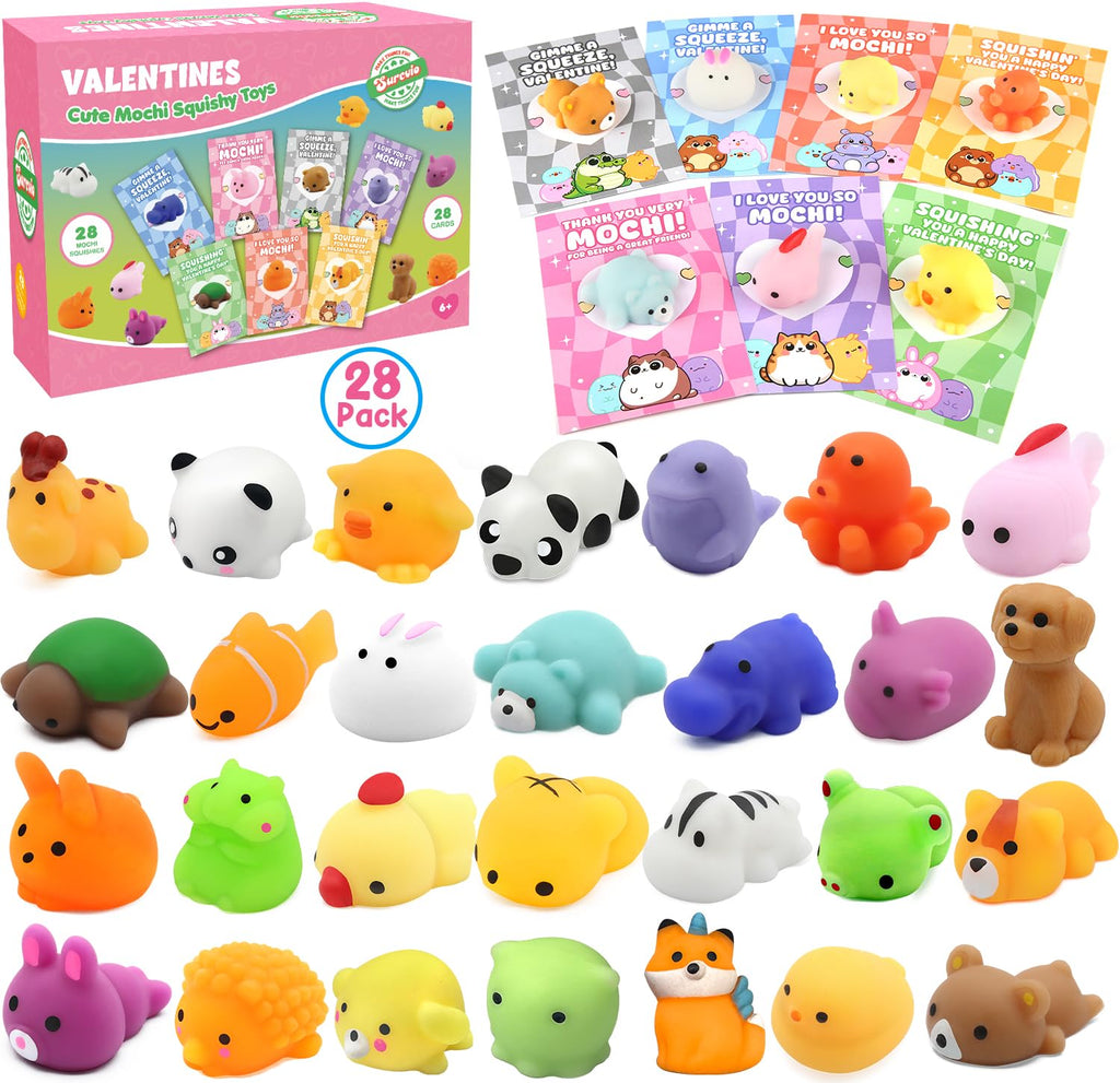 SURCVIO 28-Pack Valentines Day Animal Mochi Squishies with Cards – Classroom Gifts & Party Favors