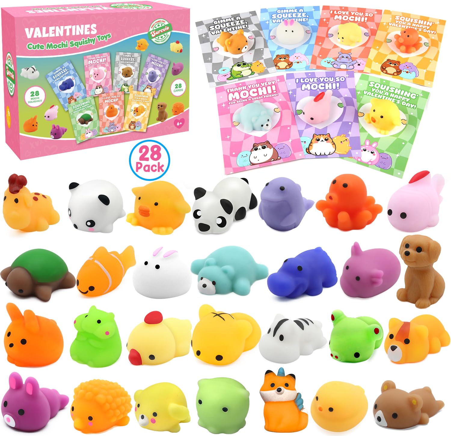 SURCVIO 28-Pack Valentines Day Animal Mochi Squishies with Cards – Classroom Gifts & Party Favors