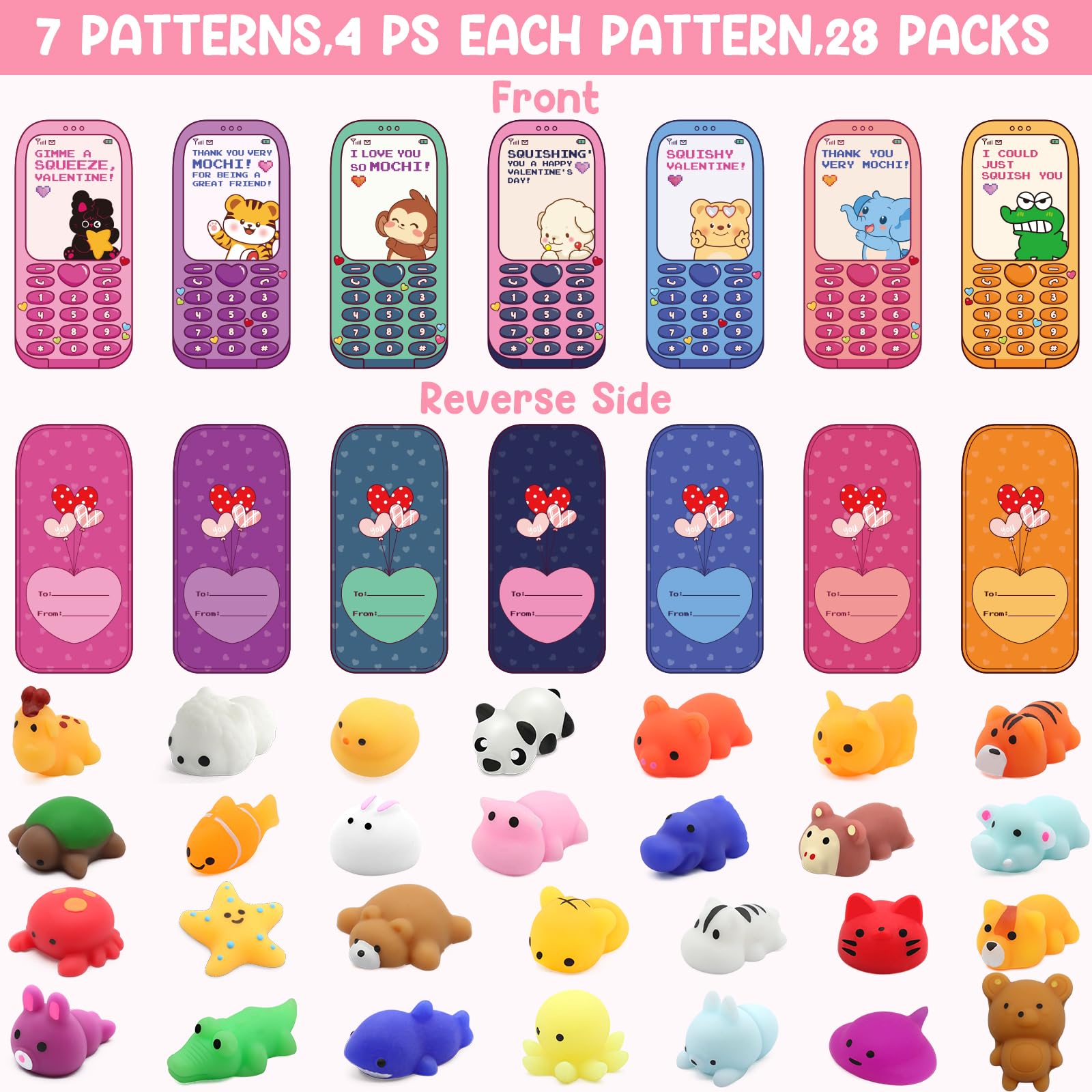 SURCVIO 28-Pack Valentines Day Animal Mochi Squishies with Greeting Cards | Classroom Gifts & Party Favors