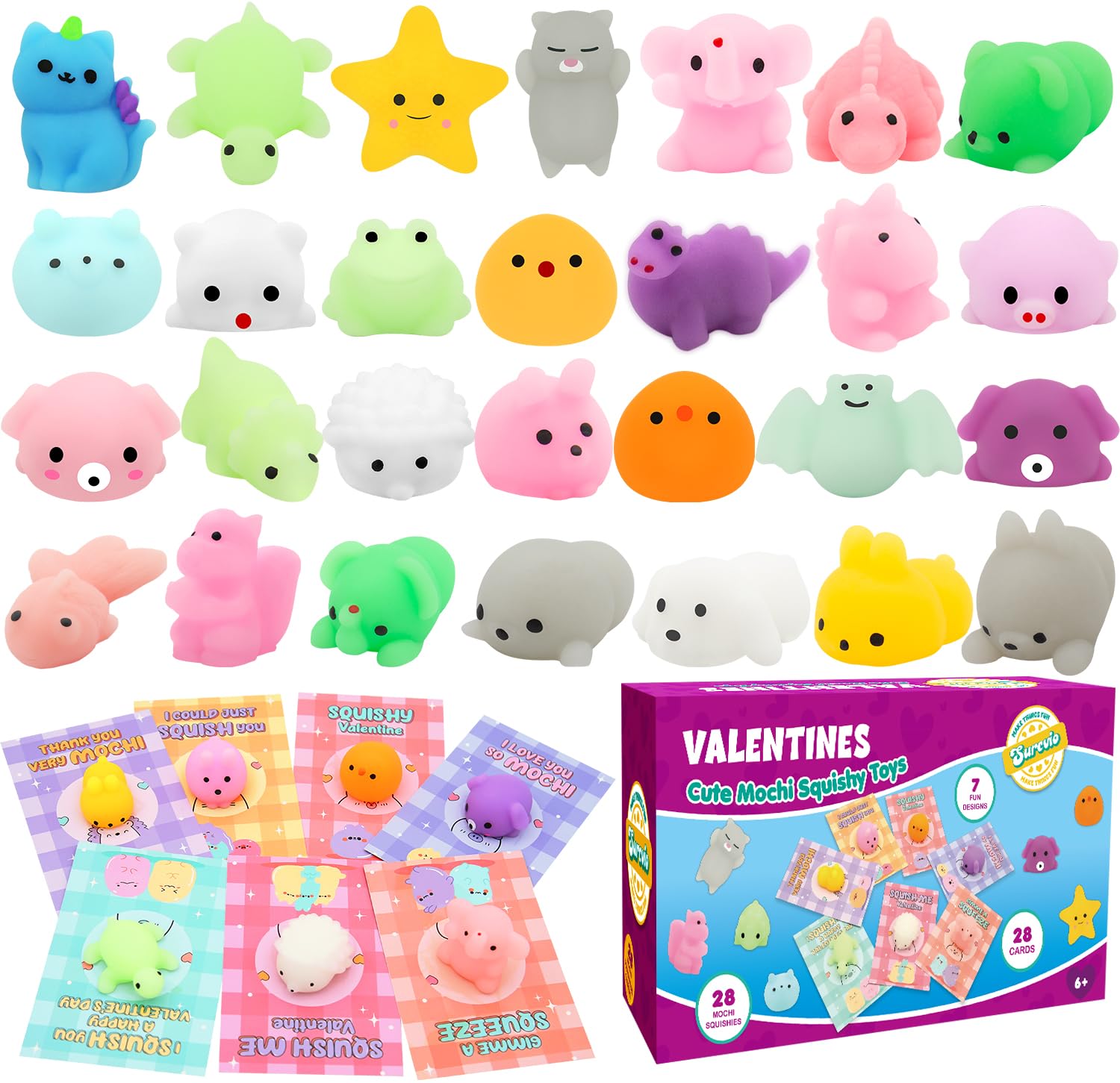SURCVIO 28-Pack Valentines Day Gift Cards with Animal Mochi Squishy Toys | Classroom Prizes & Party Favors