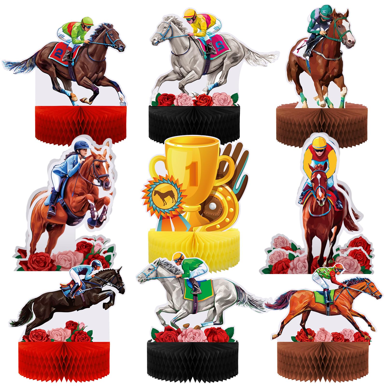 Sureio 9 Pcs Kentucky Horse Racing Derby Honeycomb Centerpieces – 3D Table Decorations