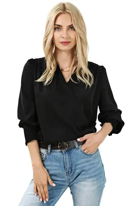 Surplice Neck Shirred Cuffs Draped Blouse
