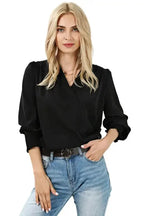 Surplice Neck Shirred Cuffs Draped Blouse